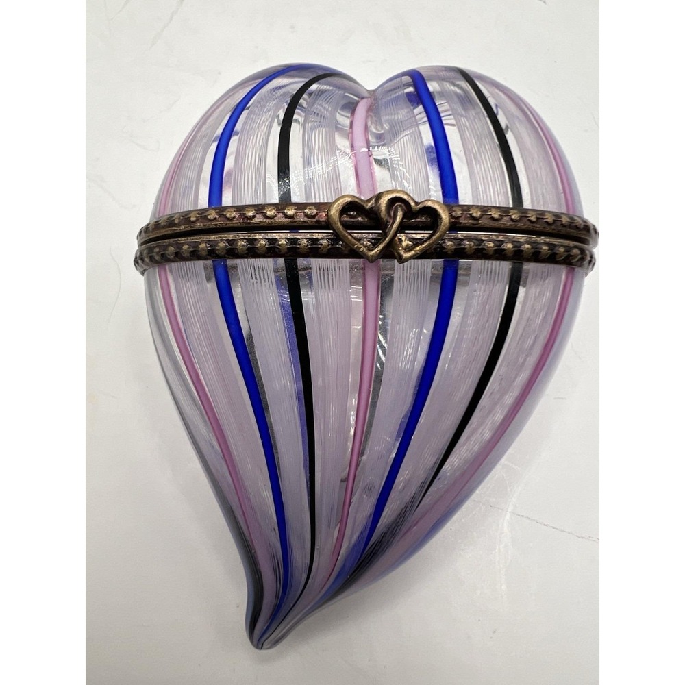 VTG Murano Latticino Glass Heart Shaped Trinket Box Blue Pink
